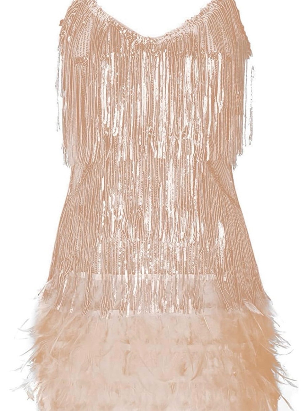 Women’s Sequin Fringe and Feather Party Dress - Beige